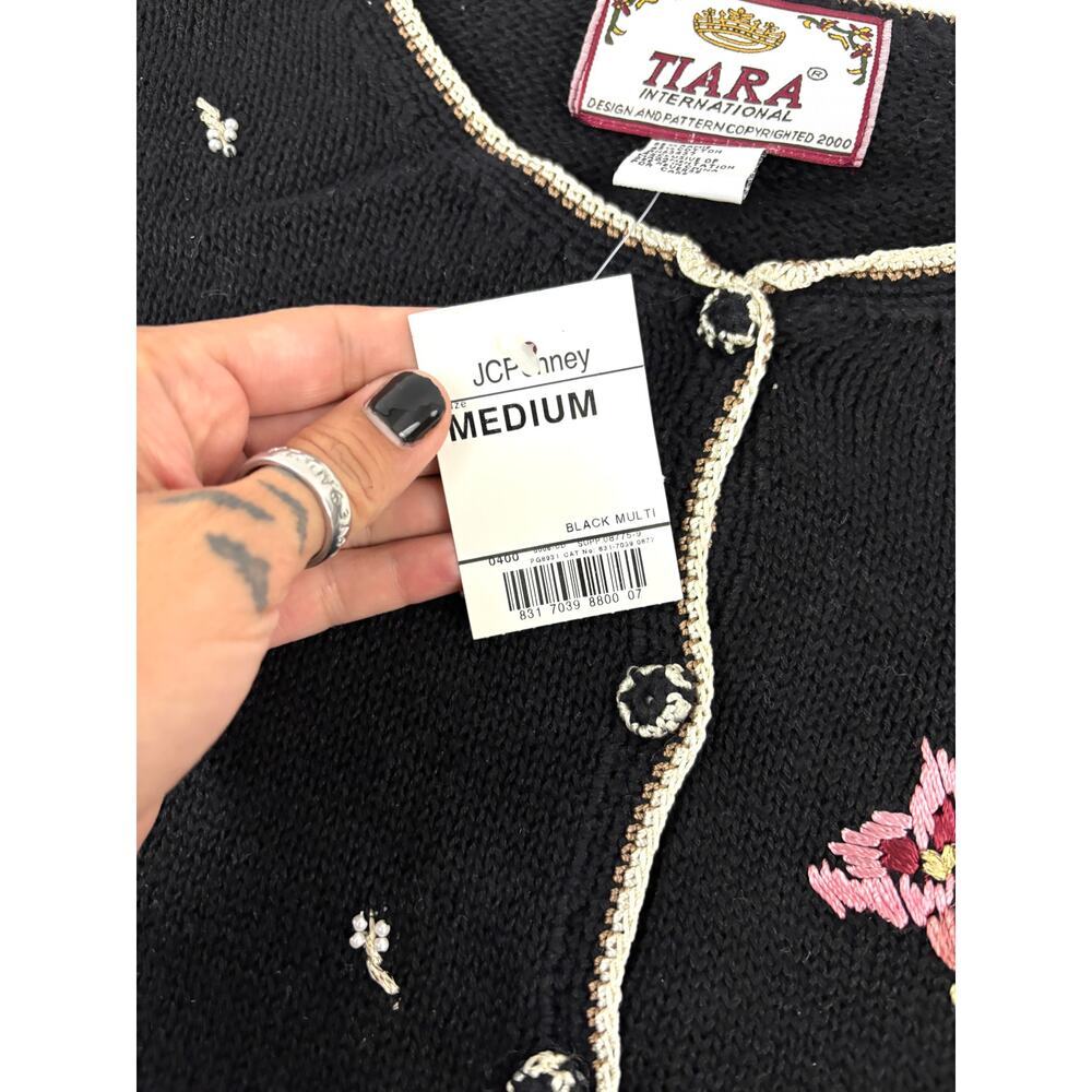 Tiara International Black Red Beaded Embroidery Knit Sweater‎ Cardigan NWT 1990s - Picture 6 of 14